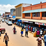 **Prompt 1:** A vibrant, bustling street scene in Lusaka, Zambia, showcasing modern buildings, street vendors, and diverse people going about their daily lives. Focus on capturing the energy and dynamism of urban life.