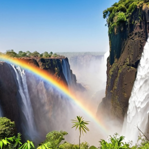 Home 6 **
Victoria Falls, Zambia/Zimbabwe border, vast waterfall cascading down, mist rising forming a vibrant rainbow in the sunlight. Capture the feeling of awe and wonder, emphasizing the scale and natural beauty. Include the Zambezi River and lush greenery. Focus on the "Mosi-oa-Tunya" (the smoke that thunders) aspect with visible spray and powerful water flow.
**