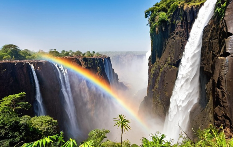 **
Victoria Falls, Zambia/Zimbabwe border, vast waterfall cascading down, mist rising forming a vibrant rainbow in the sunlight. Capture the feeling of awe and wonder, emphasizing the scale and natural beauty. Include the Zambezi River and lush greenery. Focus on the "Mosi-oa-Tunya" (the smoke that thunders) aspect with visible spray and powerful water flow.
**