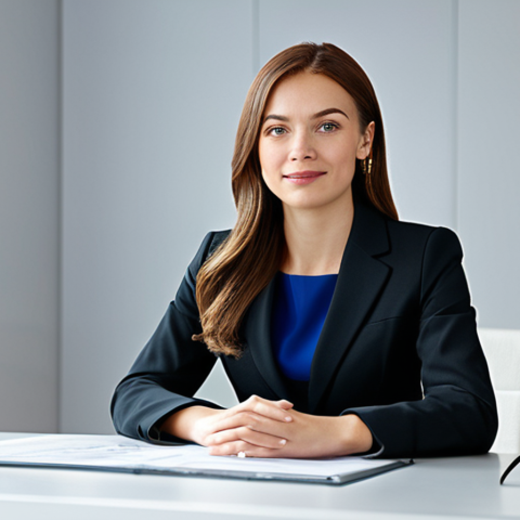 ** A professional businesswoman in a modest business suit, sitting at a desk in a modern office, fully clothed, appropriate attire, safe for work, perfect anatomy, natural proportions, professional photography, high quality.

**