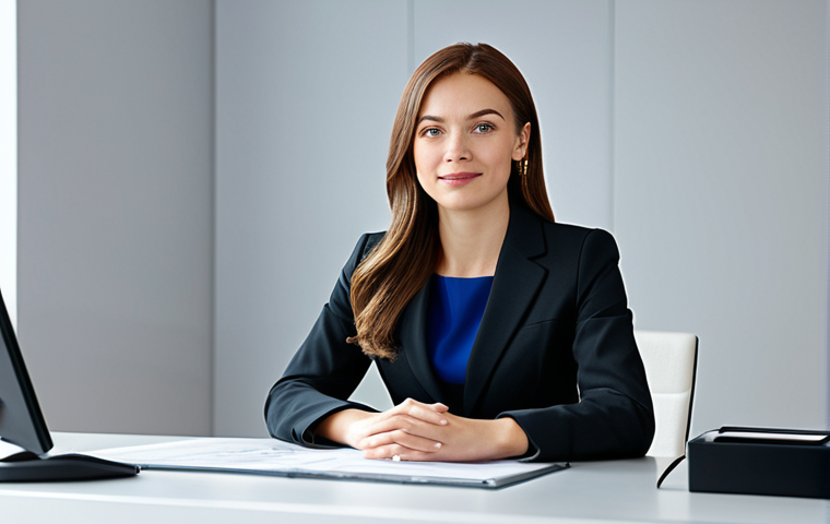 ** A professional businesswoman in a modest business suit, sitting at a desk in a modern office, fully clothed, appropriate attire, safe for work, perfect anatomy, natural proportions, professional photography, high quality.
**