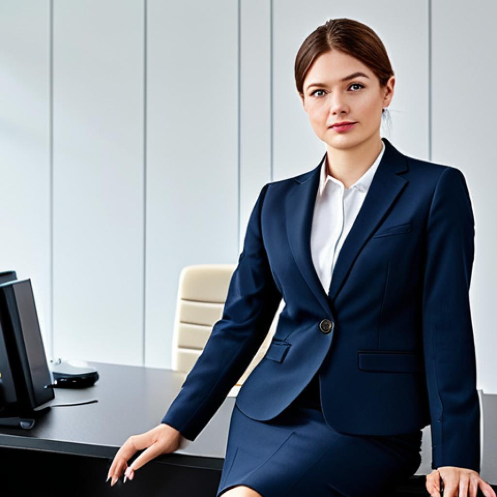 이미지 1:** एक पेशेवर व्यवसायी महिला एक विनम्र व्यवसाय सूट में, एक आधुनिक कार्यालय में एक डेस्क पर बैठी हुई, पूरी तरह से कपड़े पहने, उचित पोशाक, काम के लिए सुरक्षित, सही शरीर रचना, प्राकृतिक अनुपात, पेशेवर फोटोग्राफी, उच्च गुणवत्ता।