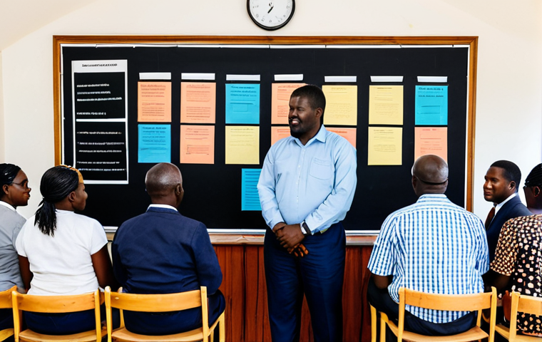 Promoting Democracy and Good Governance**
A professional setting showing Zambian community leaders, fully clothed in appropriate attire, participating in a workshop facilitated by American experts. The scene should convey collaboration and empowerment. Background: a modern community center with charts displaying governance principles. Safe for work, appropriate content, perfect anatomy, natural proportions, professional, family-friendly.
**