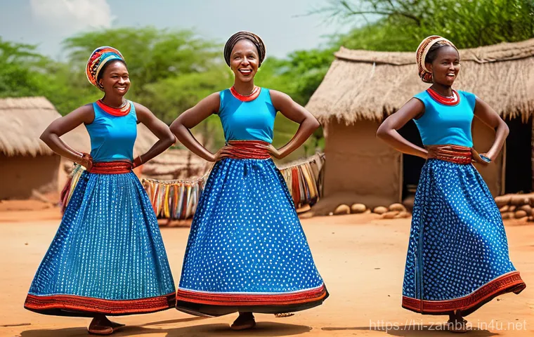 잠비아 전통 춤 - **Kalela Dance: Rhythmic Movement and Community Pride**
A vibrant, eye-level shot of a group of ...