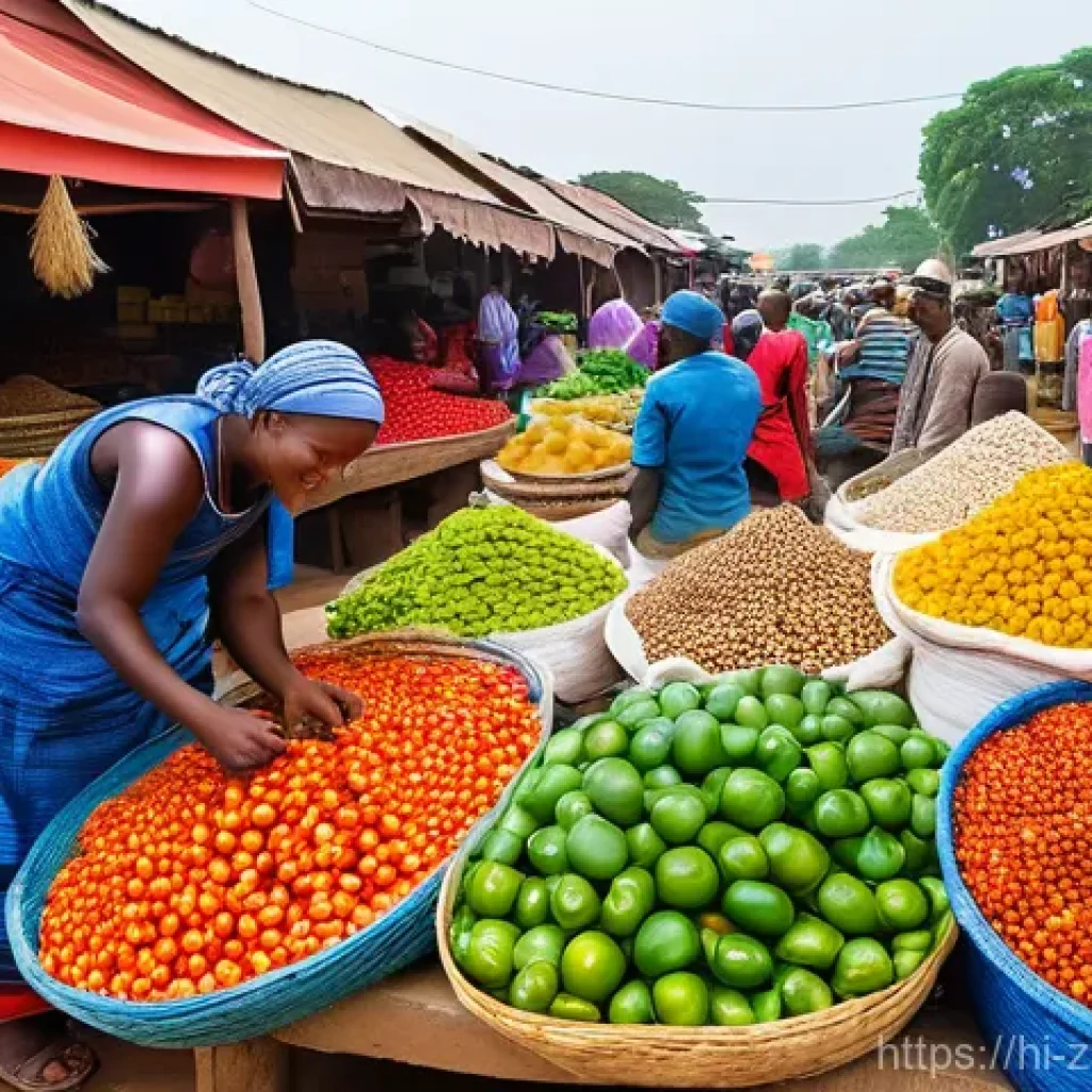 잠비아 현지 생활 체험 - **Vibrant Zambian Market Scene:**
An overhead shot of a bustling, colorful local market in Zambi...