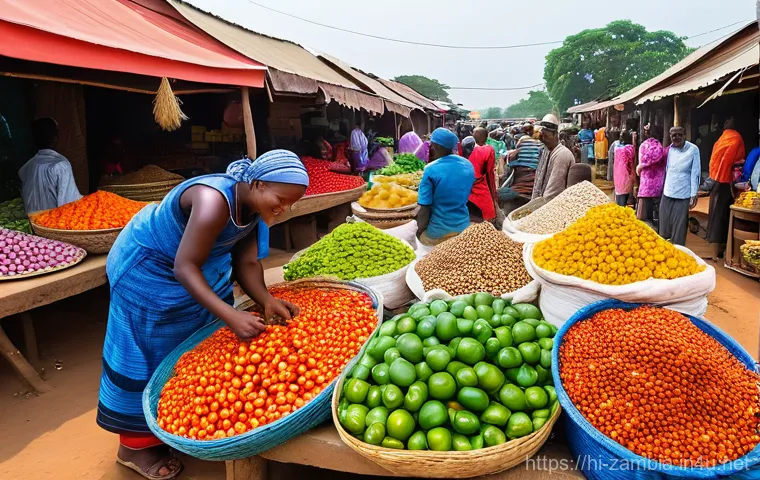 잠비아 현지 생활 체험 - **Vibrant Zambian Market Scene:**
An overhead shot of a bustling, colorful local market in Zambi...